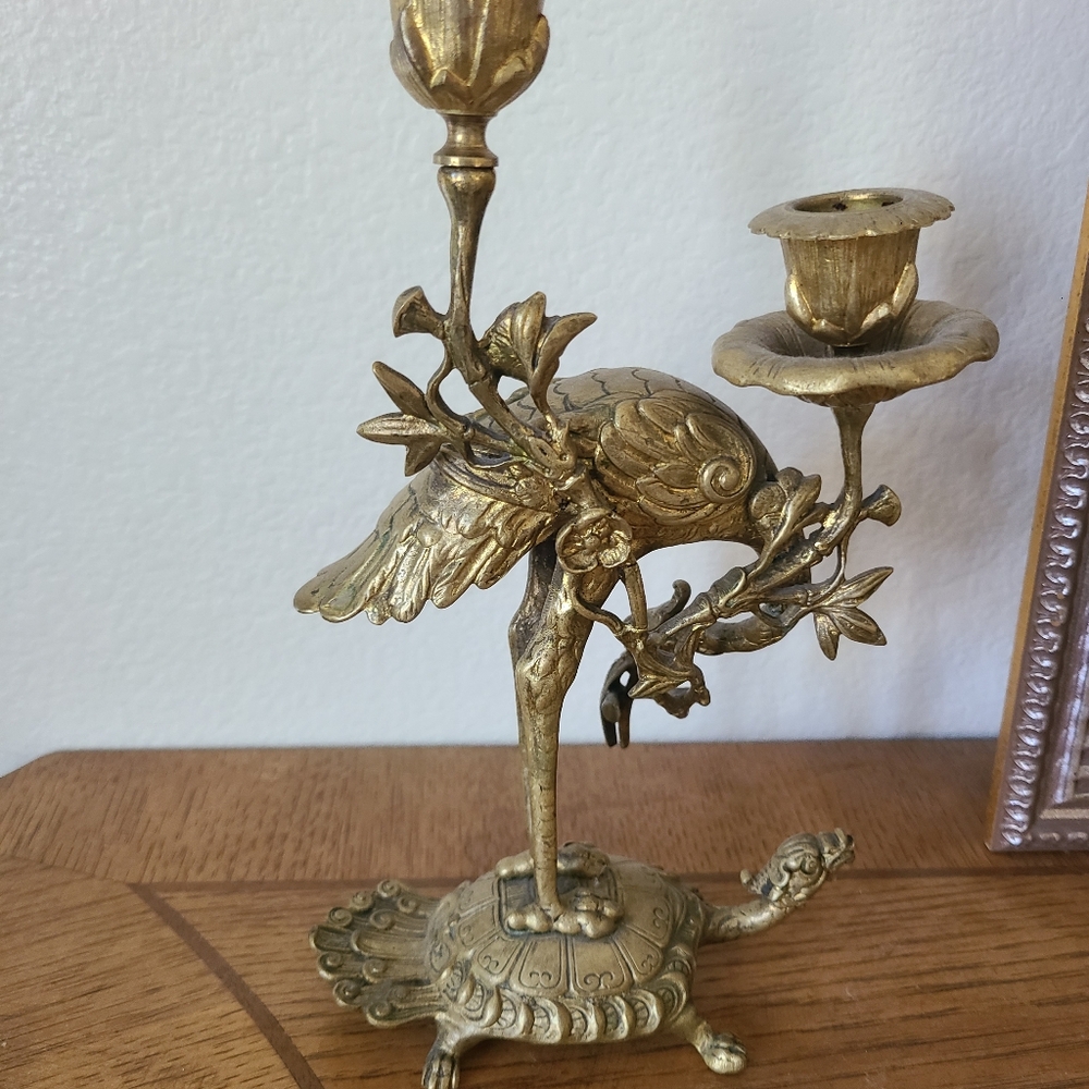Japanese Gilt Bronze Crane on Dragon Turtle Candlesticks 19th Century - Antique - Picture 7 of 7